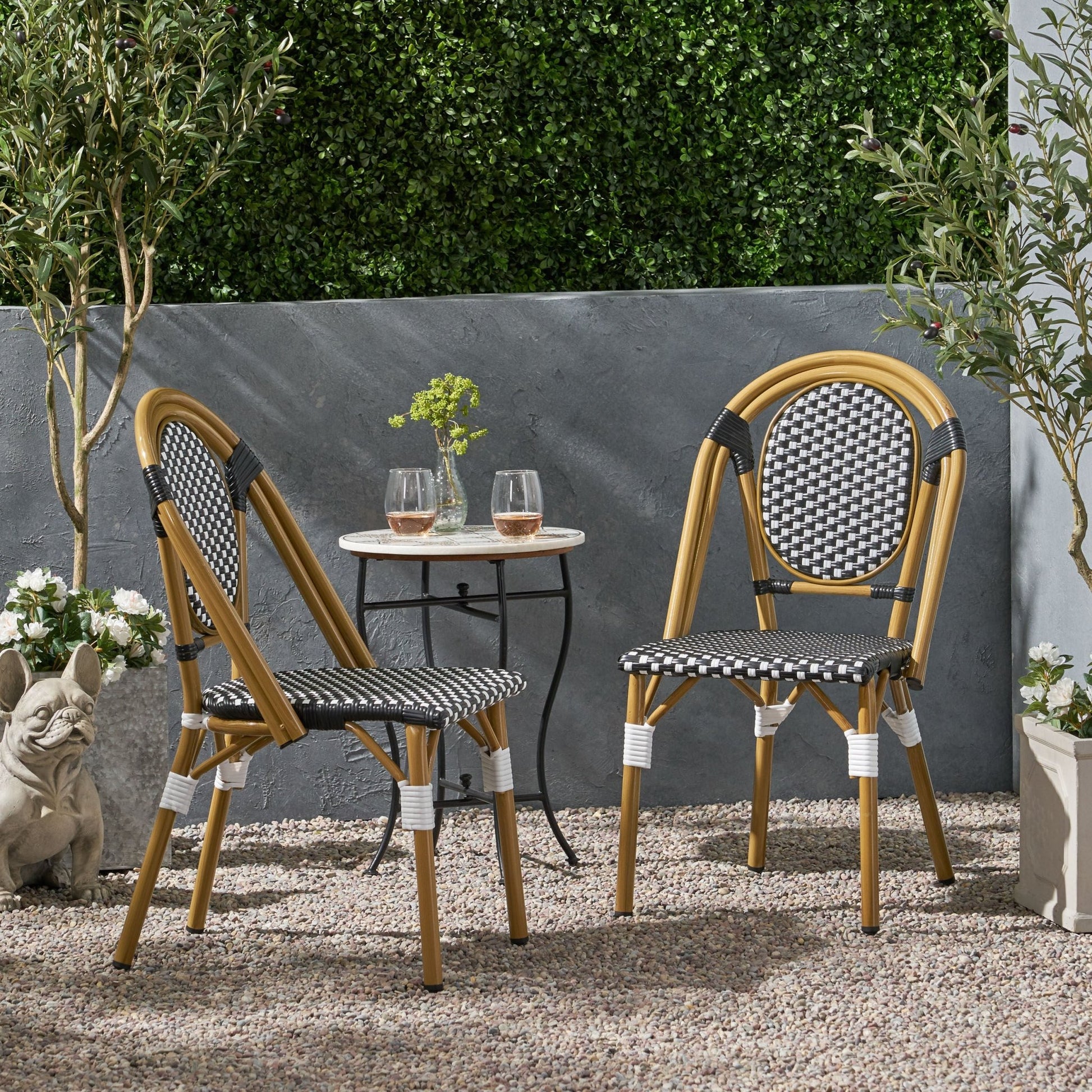 Outdoor PE Rattan and Aluminum French Bistro Chair Set, Black & White, Bamboo Print Finish - 1st Choice Furniture Direct
