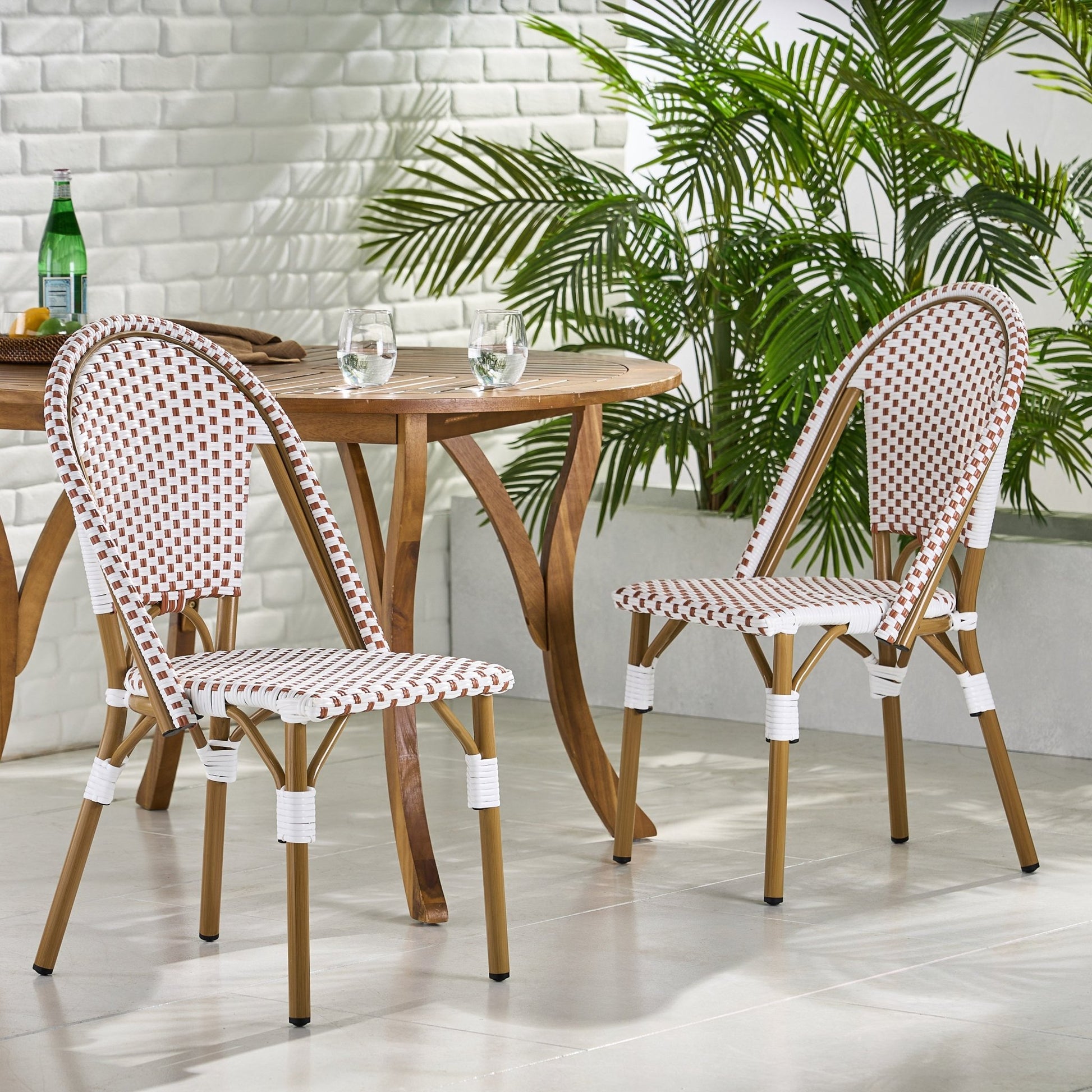 Outdoor PE Rattan and Aluminum French Bistro Chairs Set of 2 Rusted Red & White Bamboo Print Finish - 1st Choice Furniture Direct