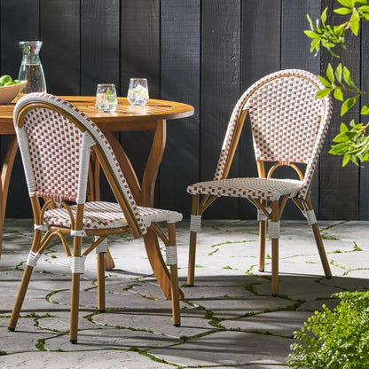 Outdoor PE Rattan and Aluminum French Bistro Chairs Set of 2 Rusted Red & White Bamboo Print Finish - 1st Choice Furniture Direct