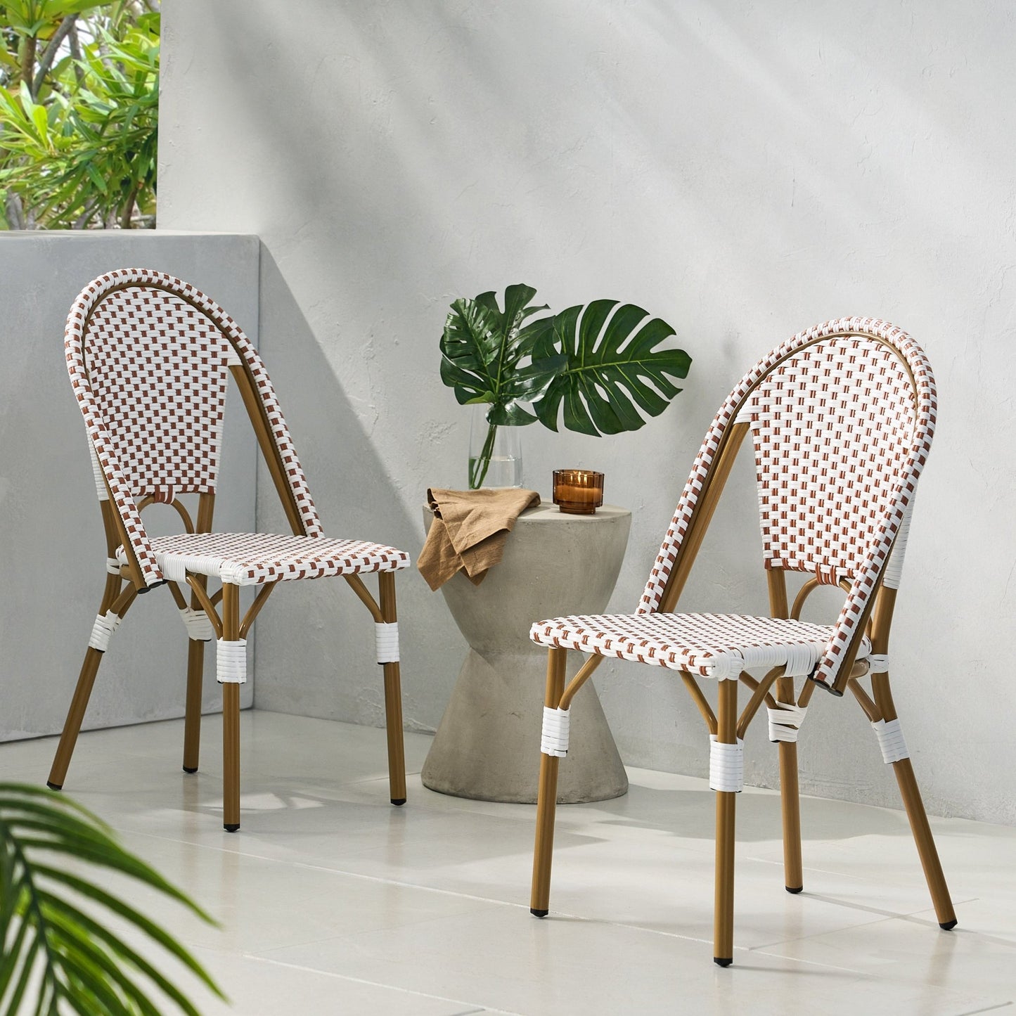 Outdoor PE Rattan and Aluminum French Bistro Chairs Set of 2 Rusted Red & White Bamboo Print Finish - 1st Choice Furniture Direct