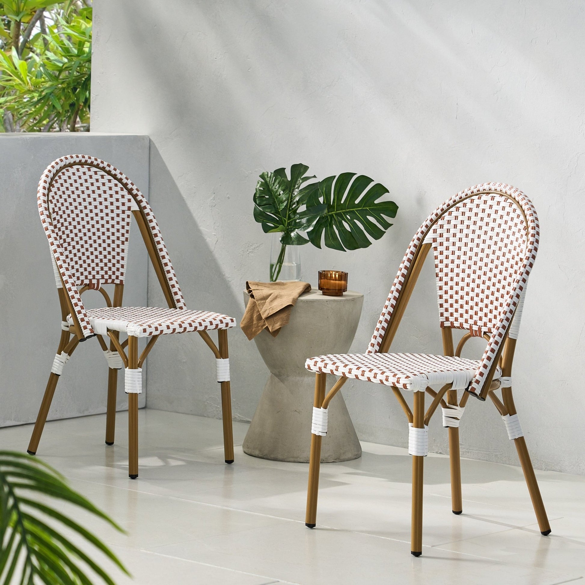 Outdoor PE Rattan and Aluminum French Bistro Chairs Set of 2 Rusted Red & White Bamboo Print Finish - 1st Choice Furniture Direct