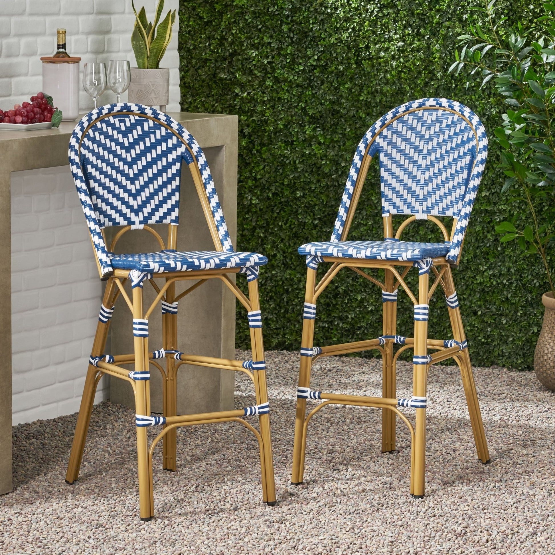 Outdoor PE Rattan French Barstool Set - Navy Blue & White, Aluminum Frame, Bamboo Finish, 29.5' Seat Height - 1st Choice Furniture Direct