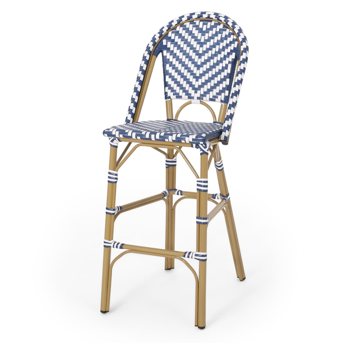 Outdoor PE Rattan French Barstool Set - Navy Blue & White, Aluminum Frame, Bamboo Finish, 29.5' Seat Height - 1st Choice Furniture Direct
