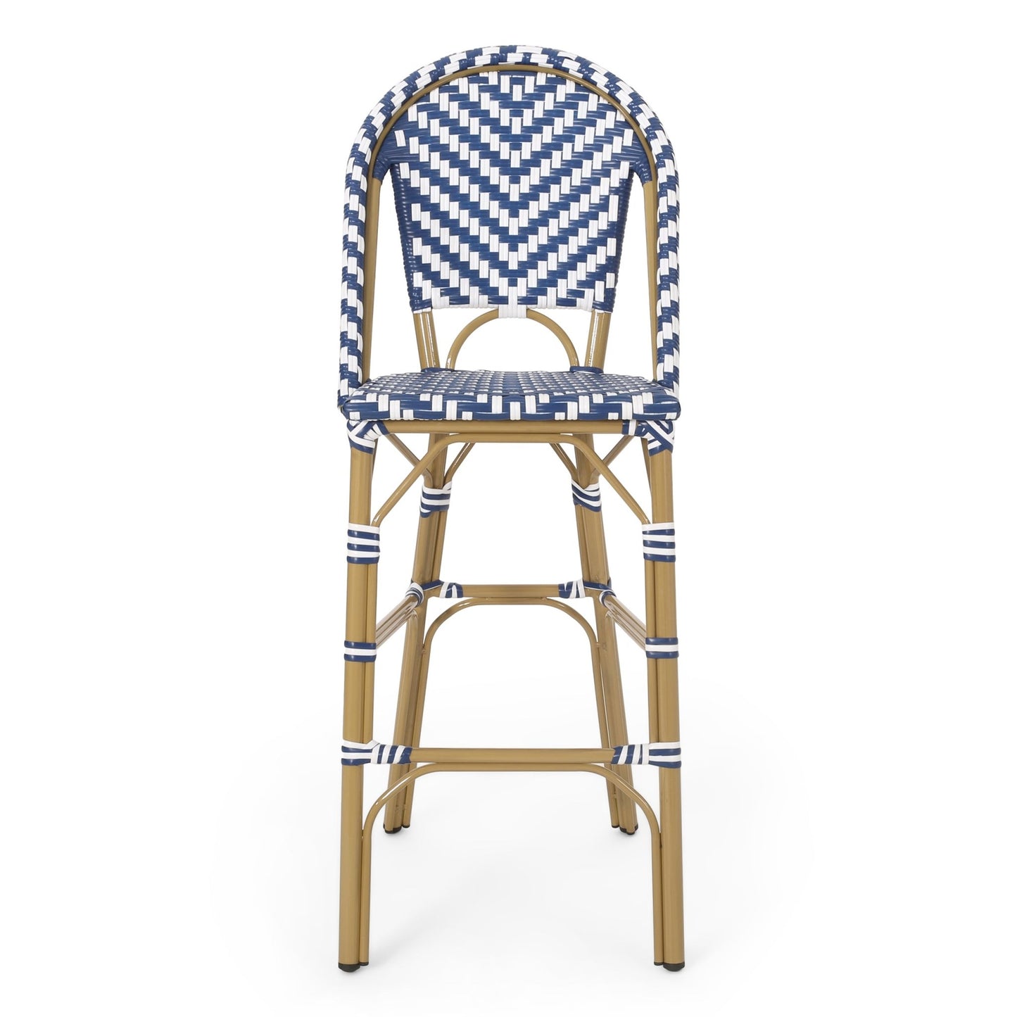 Outdoor PE Rattan French Barstool Set - Navy Blue & White, Aluminum Frame, Bamboo Finish, 29.5' Seat Height - 1st Choice Furniture Direct