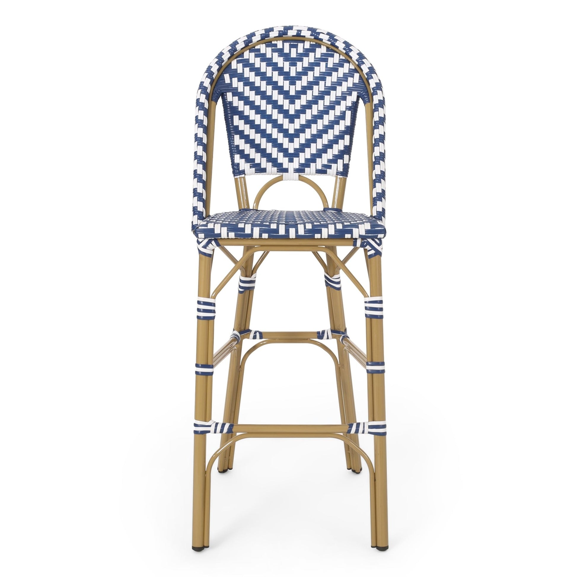 Outdoor PE Rattan French Barstool Set - Navy Blue & White, Aluminum Frame, Bamboo Finish, 29.5' Seat Height - 1st Choice Furniture Direct