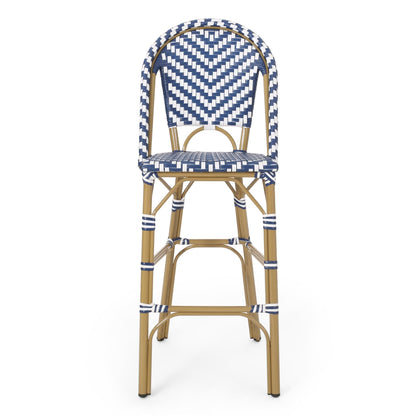 Outdoor PE Rattan French Barstool Set - Navy Blue & White, Aluminum Frame, Bamboo Finish, 29.5' Seat Height - 1st Choice Furniture Direct