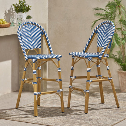 Outdoor PE Rattan French Barstool Set - Navy Blue & White, Aluminum Frame, Bamboo Finish, 29.5' Seat Height - 1st Choice Furniture Direct