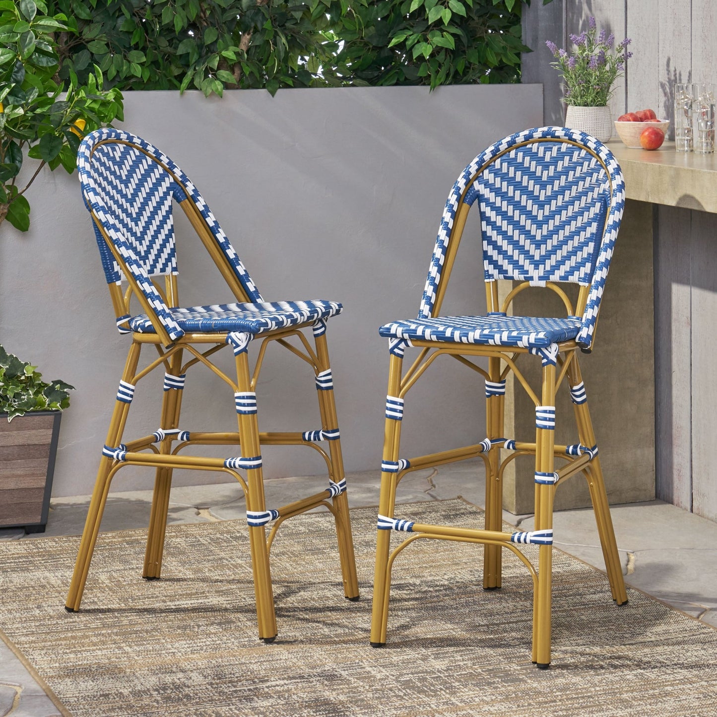 Outdoor PE Rattan French Barstool Set - Navy Blue & White, Aluminum Frame, Bamboo Finish, 29.5' Seat Height - 1st Choice Furniture Direct