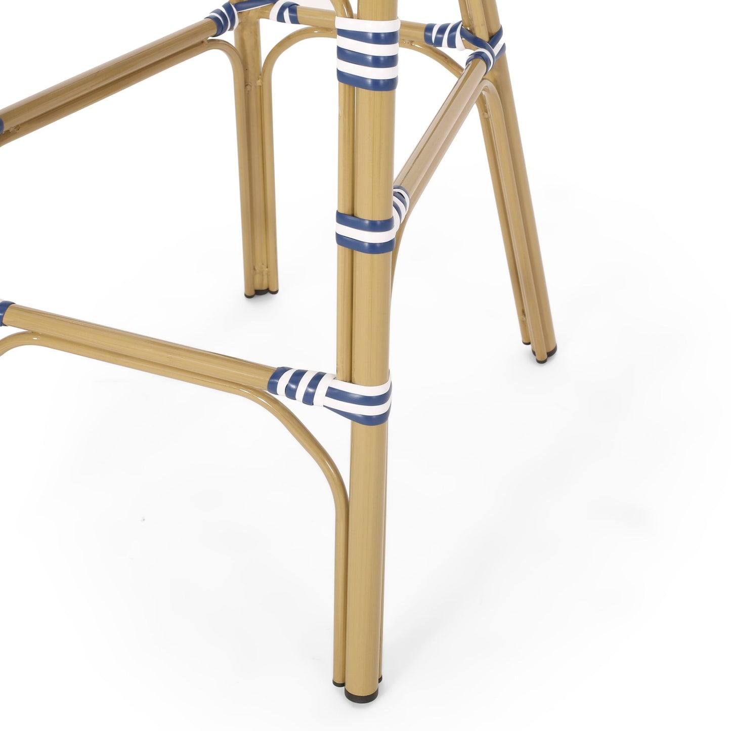 Outdoor PE Rattan French Barstool Set - Navy Blue & White, Aluminum Frame, Bamboo Finish, 29.5' Seat Height - 1st Choice Furniture Direct
