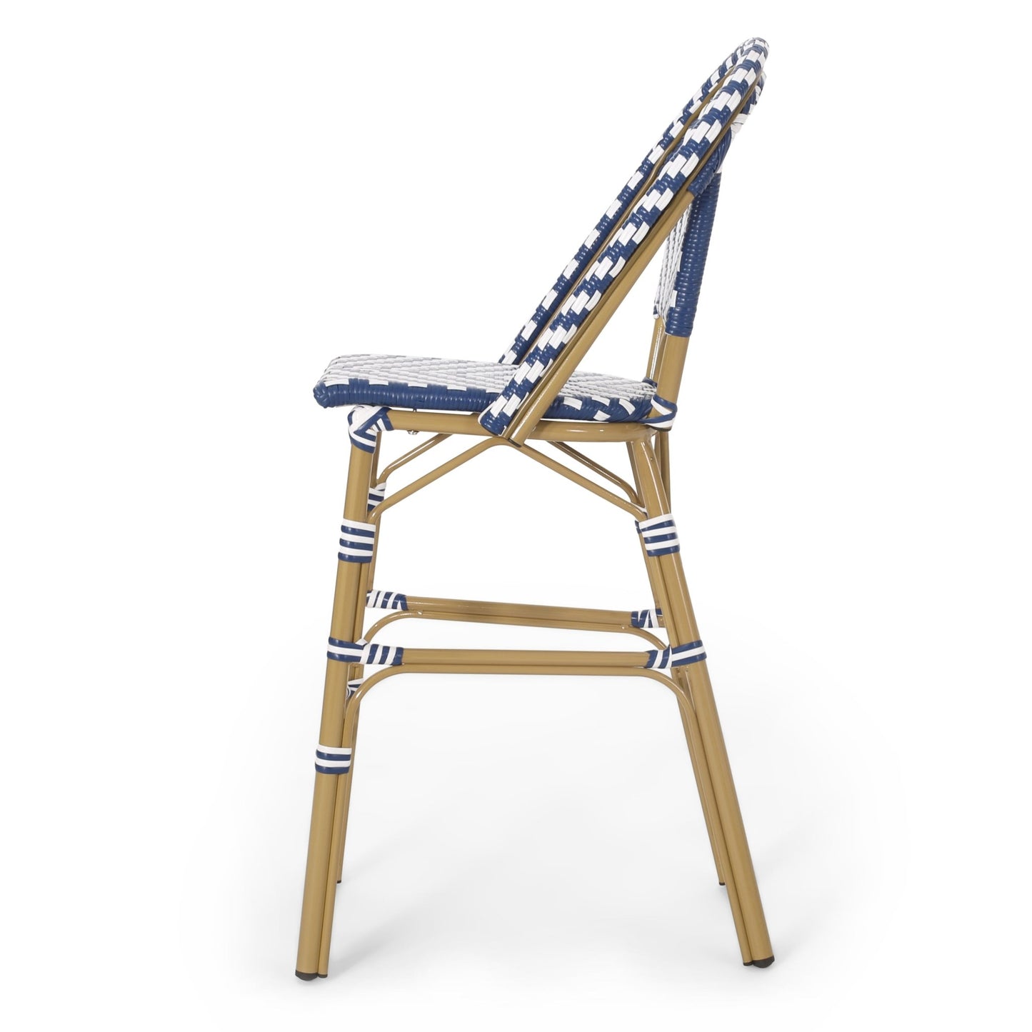 Outdoor PE Rattan French Barstool Set - Navy Blue & White, Aluminum Frame, Bamboo Finish, 29.5' Seat Height - 1st Choice Furniture Direct