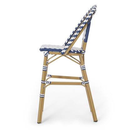 Outdoor PE Rattan French Barstool Set - Navy Blue & White, Aluminum Frame, Bamboo Finish, 29.5' Seat Height - 1st Choice Furniture Direct