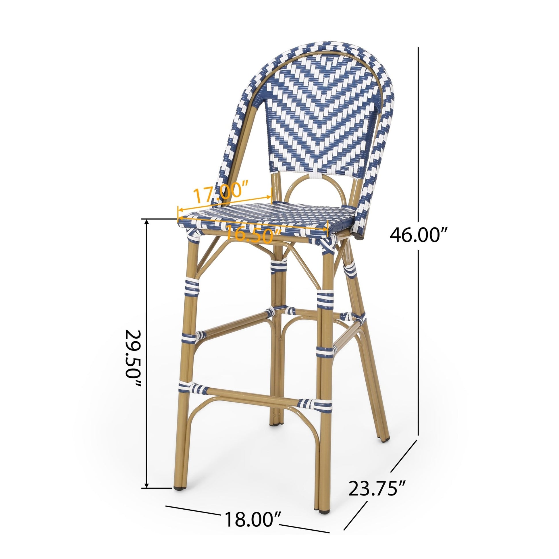 Outdoor PE Rattan French Barstool Set - Navy Blue & White, Aluminum Frame, Bamboo Finish, 29.5' Seat Height - 1st Choice Furniture Direct