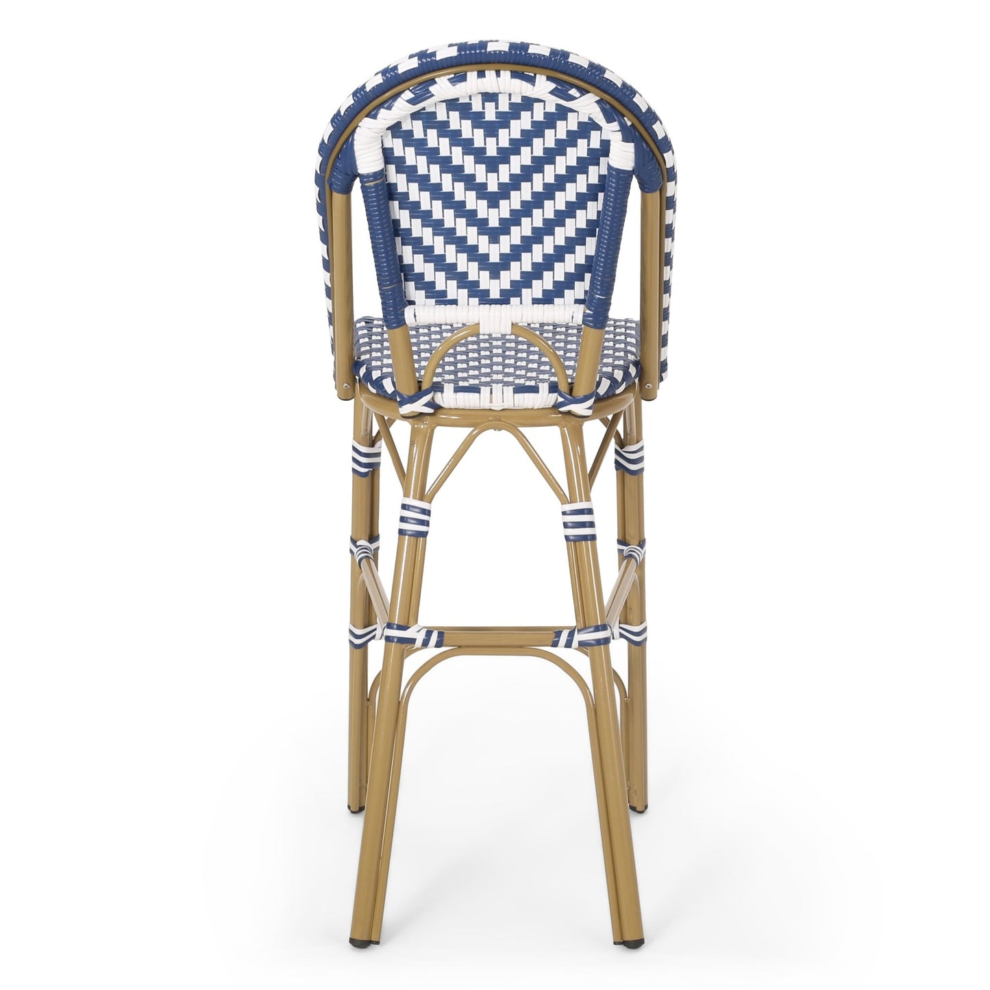 Outdoor PE Rattan French Barstool Set - Navy Blue & White, Aluminum Frame, Bamboo Finish, 29.5' Seat Height - 1st Choice Furniture Direct