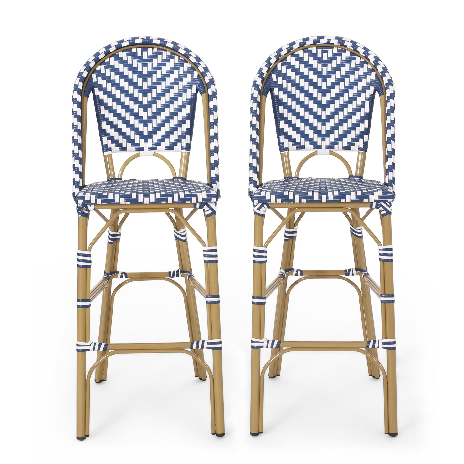 Outdoor PE Rattan French Barstool Set - Navy Blue & White, Aluminum Frame, Bamboo Finish, 29.5' Seat Height - 1st Choice Furniture Direct
