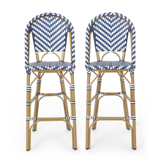 Outdoor PE Rattan French Barstool Set - Navy Blue & White, Aluminum Frame, Bamboo Finish, 29.5' Seat Height - 1st Choice Furniture Direct