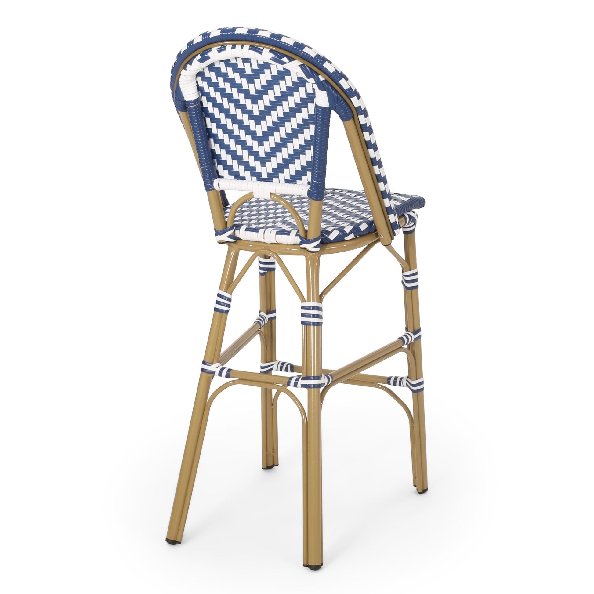 Outdoor PE Rattan French Barstool Set - Navy Blue & White, Aluminum Frame, Bamboo Finish, 29.5' Seat Height - 1st Choice Furniture Direct
