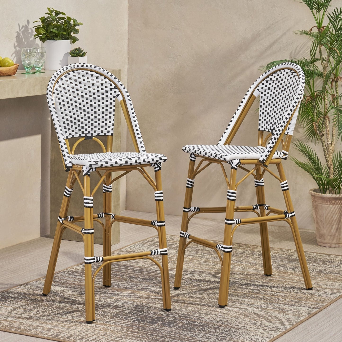 Outdoor PE Rattan French Barstool with Bamboo Finish Aluminum Frame, White and Black, 29.5' Seat Height (Set of 2) - 1st Choice Furniture Direct