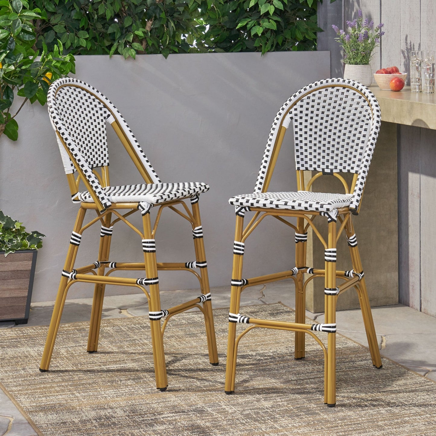 Outdoor PE Rattan French Barstool with Bamboo Finish Aluminum Frame, White and Black, 29.5' Seat Height (Set of 2) - 1st Choice Furniture Direct