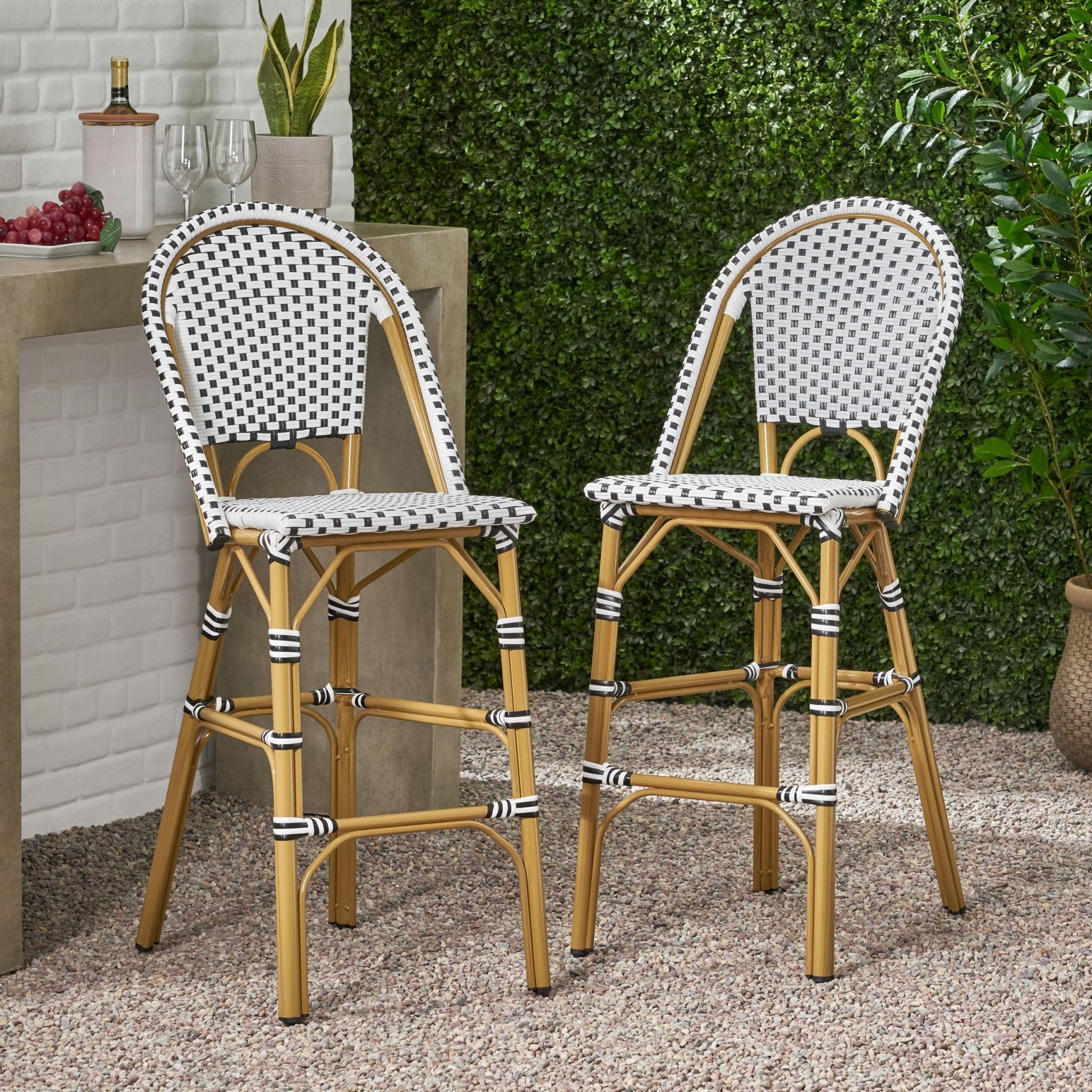 Outdoor PE Rattan French Barstool with Bamboo Finish Aluminum Frame, White and Black, 29.5' Seat Height (Set of 2) - 1st Choice Furniture Direct