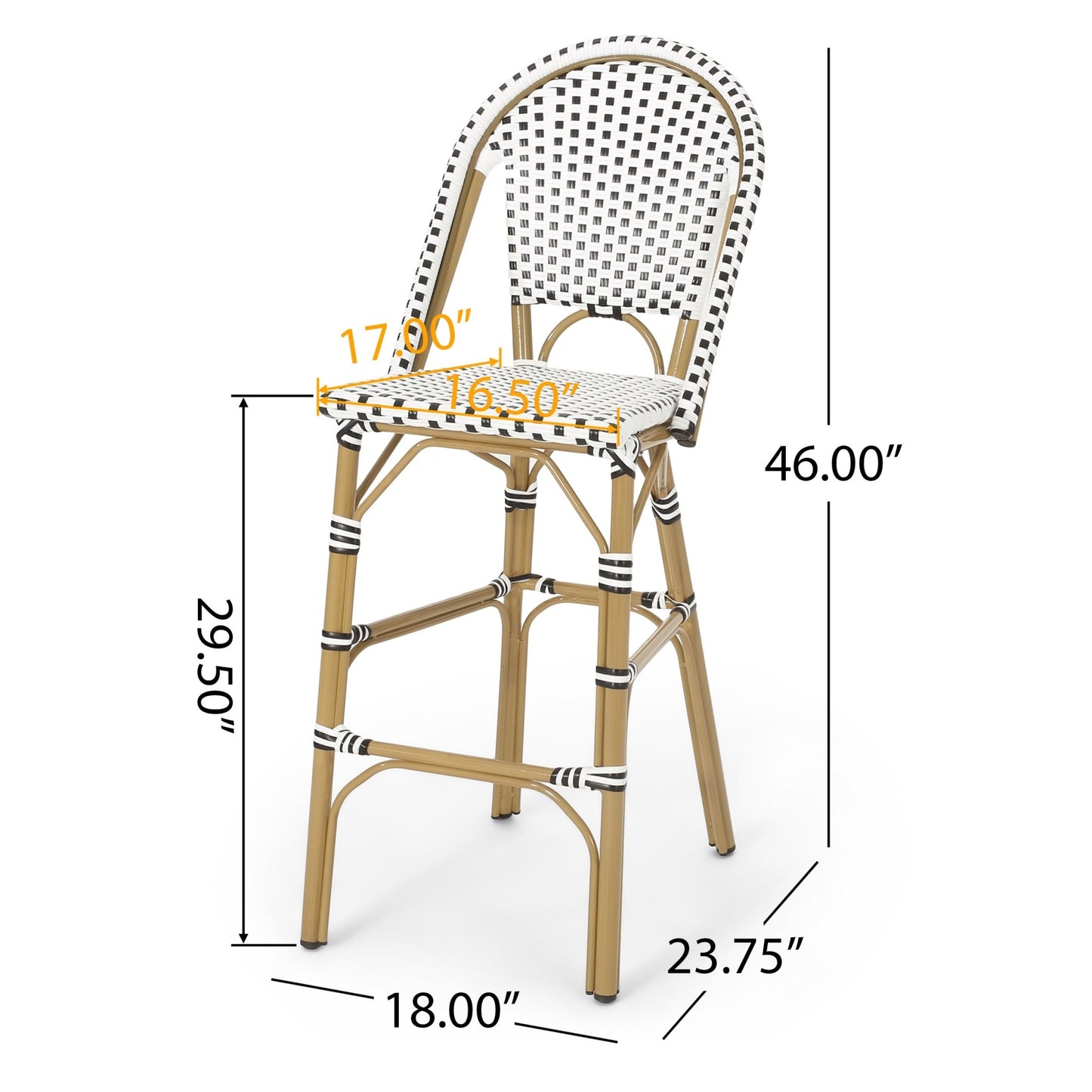 Outdoor PE Rattan French Barstool with Bamboo Finish Aluminum Frame, White and Black, 29.5' Seat Height (Set of 2) - 1st Choice Furniture Direct