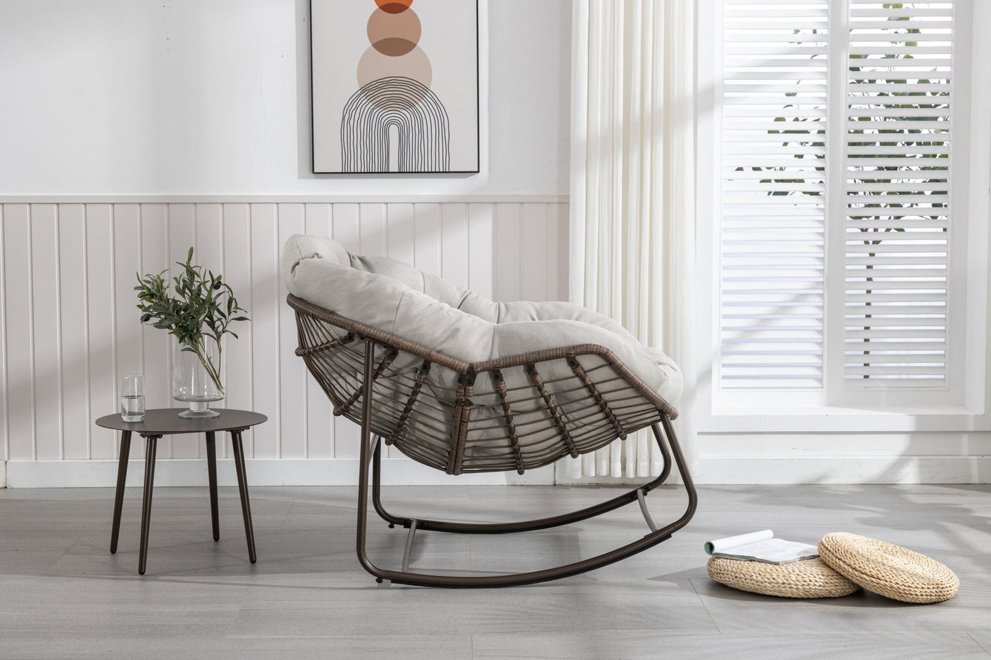 Outdoor Rattan Rocking Chair,Padded Cushion Rocker Recliner Chair Outdoor for Front Porch, Living Room, Patio, Garden, Beige - 1st Choice Furniture Direct