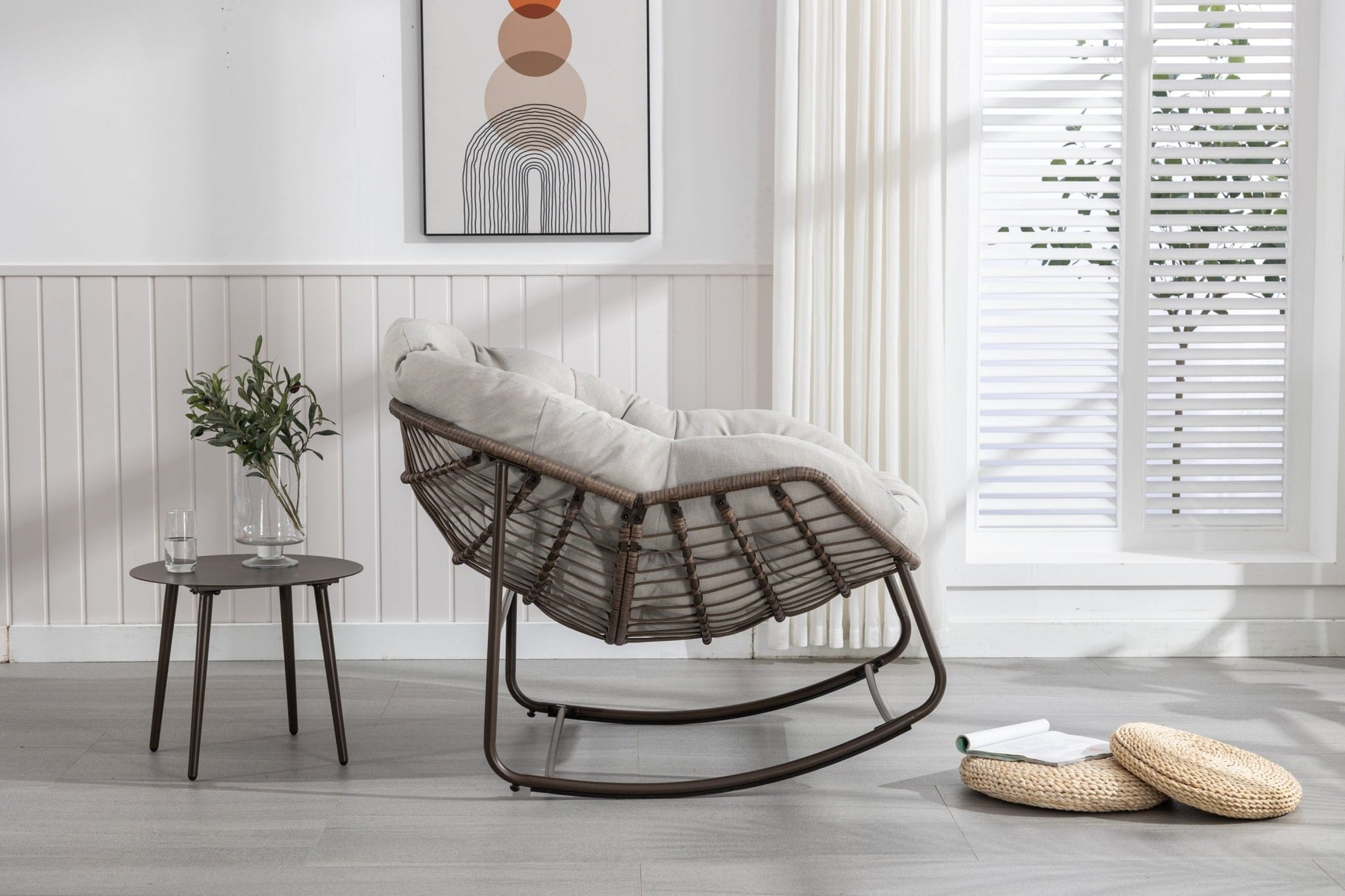 Outdoor Rattan Rocking Chair,Padded Cushion Rocker Recliner Chair Outdoor for Front Porch, Living Room, Patio, Garden, Beige - 1st Choice Furniture Direct