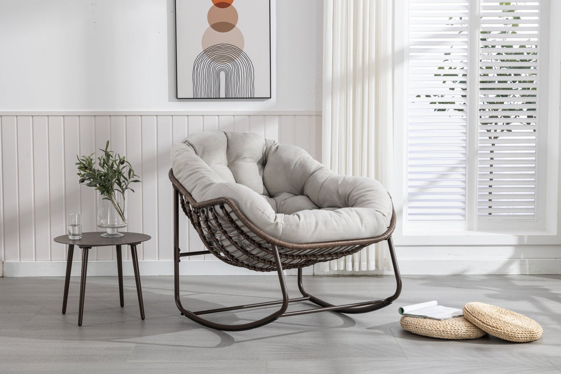 Outdoor Rattan Rocking Chair,Padded Cushion Rocker Recliner Chair Outdoor for Front Porch, Living Room, Patio, Garden, Beige - 1st Choice Furniture Direct