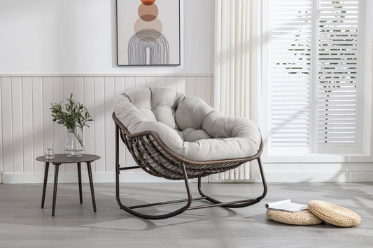 Outdoor Rattan Rocking Chair,Padded Cushion Rocker Recliner Chair Outdoor for Front Porch, Living Room, Patio, Garden, Beige - 1st Choice Furniture Direct