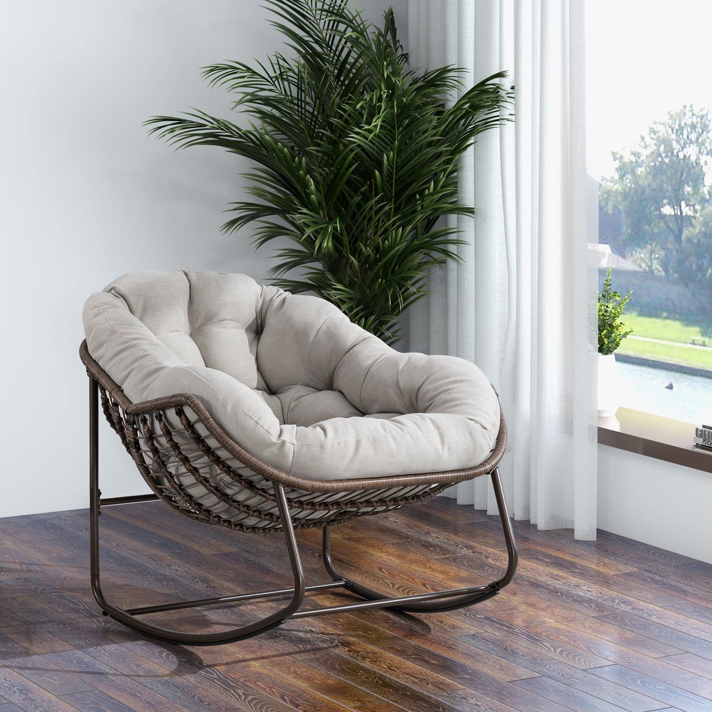 Outdoor Rattan Rocking Chair,Padded Cushion Rocker Recliner Chair Outdoor for Front Porch, Living Room, Patio, Garden, Beige - 1st Choice Furniture Direct