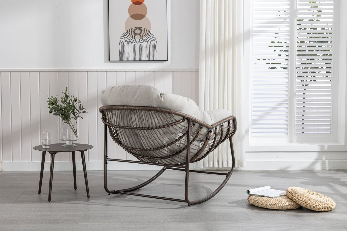 Outdoor Rattan Rocking Chair,Padded Cushion Rocker Recliner Chair Outdoor for Front Porch, Living Room, Patio, Garden, Beige - 1st Choice Furniture Direct