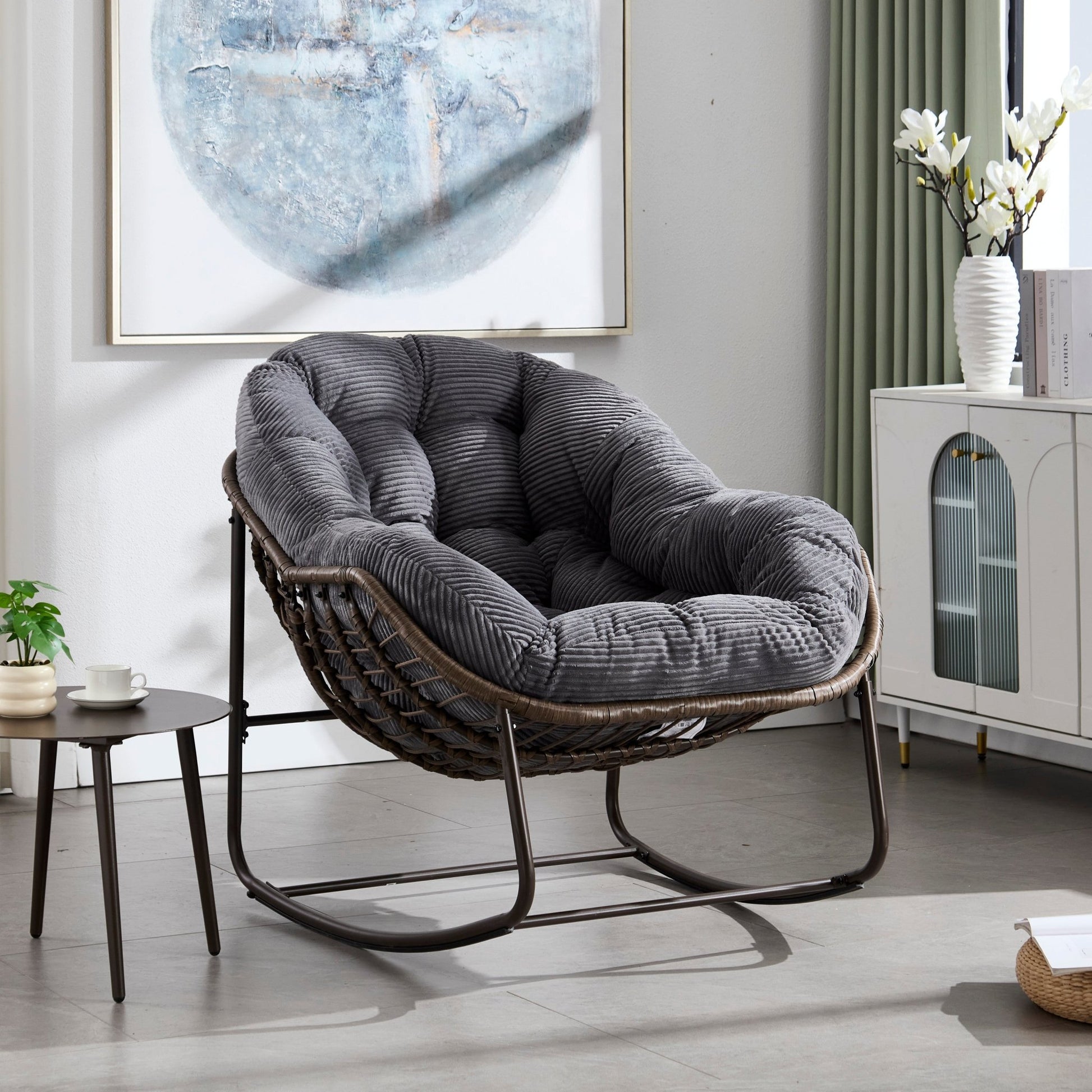 Outdoor Rattan Rocking Chair,Padded Cushion Rocker Recliner Chair Outdoor for Front Porch, Living Room, Patio, Garden, Grey - 1st Choice Furniture Direct