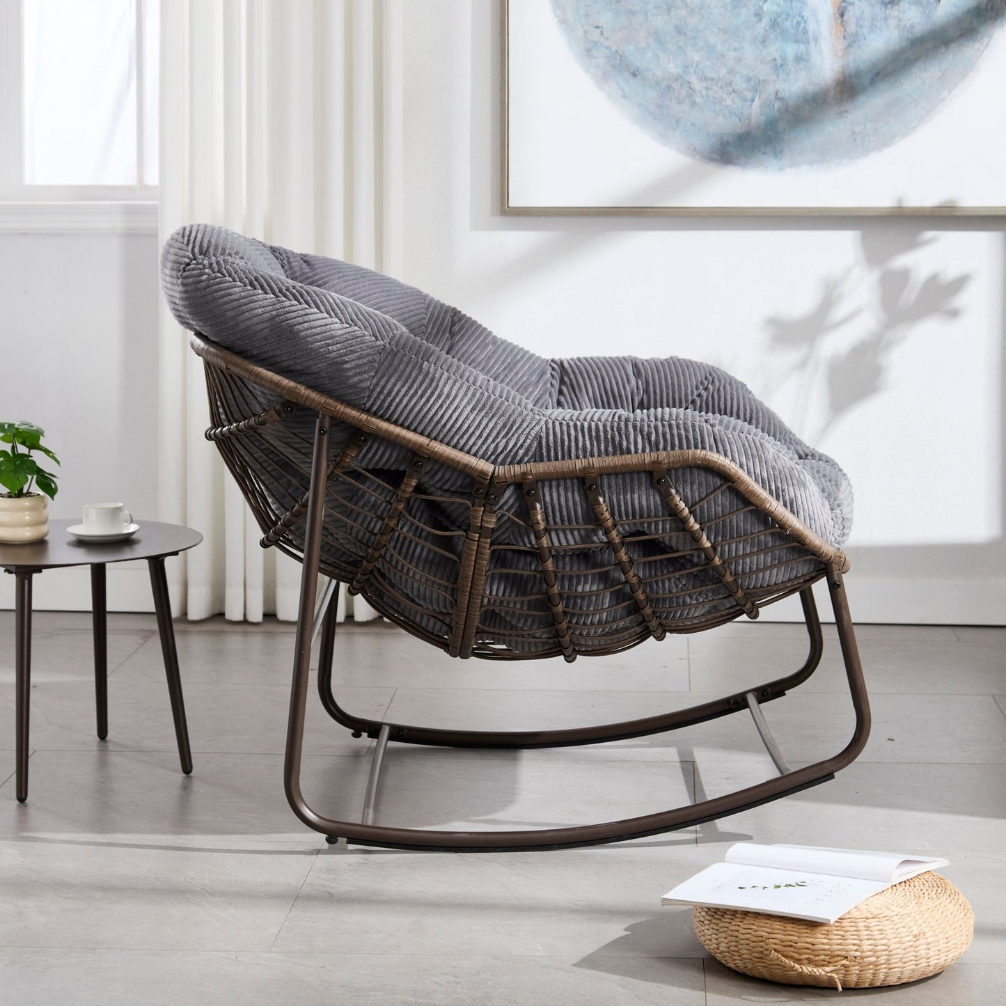 Outdoor Rattan Rocking Chair,Padded Cushion Rocker Recliner Chair Outdoor for Front Porch, Living Room, Patio, Garden, Grey - 1st Choice Furniture Direct
