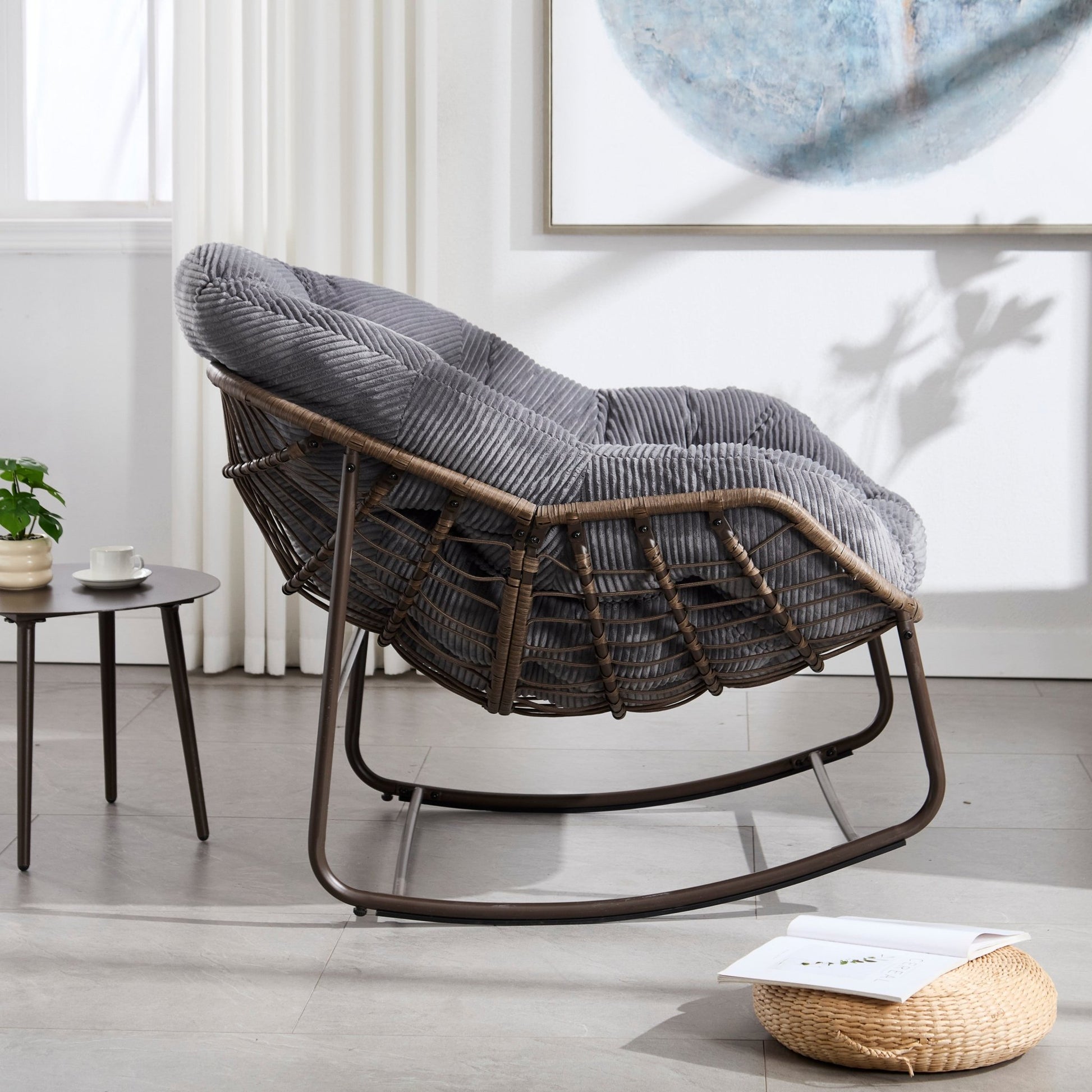 Outdoor Rattan Rocking Chair,Padded Cushion Rocker Recliner Chair Outdoor for Front Porch, Living Room, Patio, Garden, Grey - 1st Choice Furniture Direct