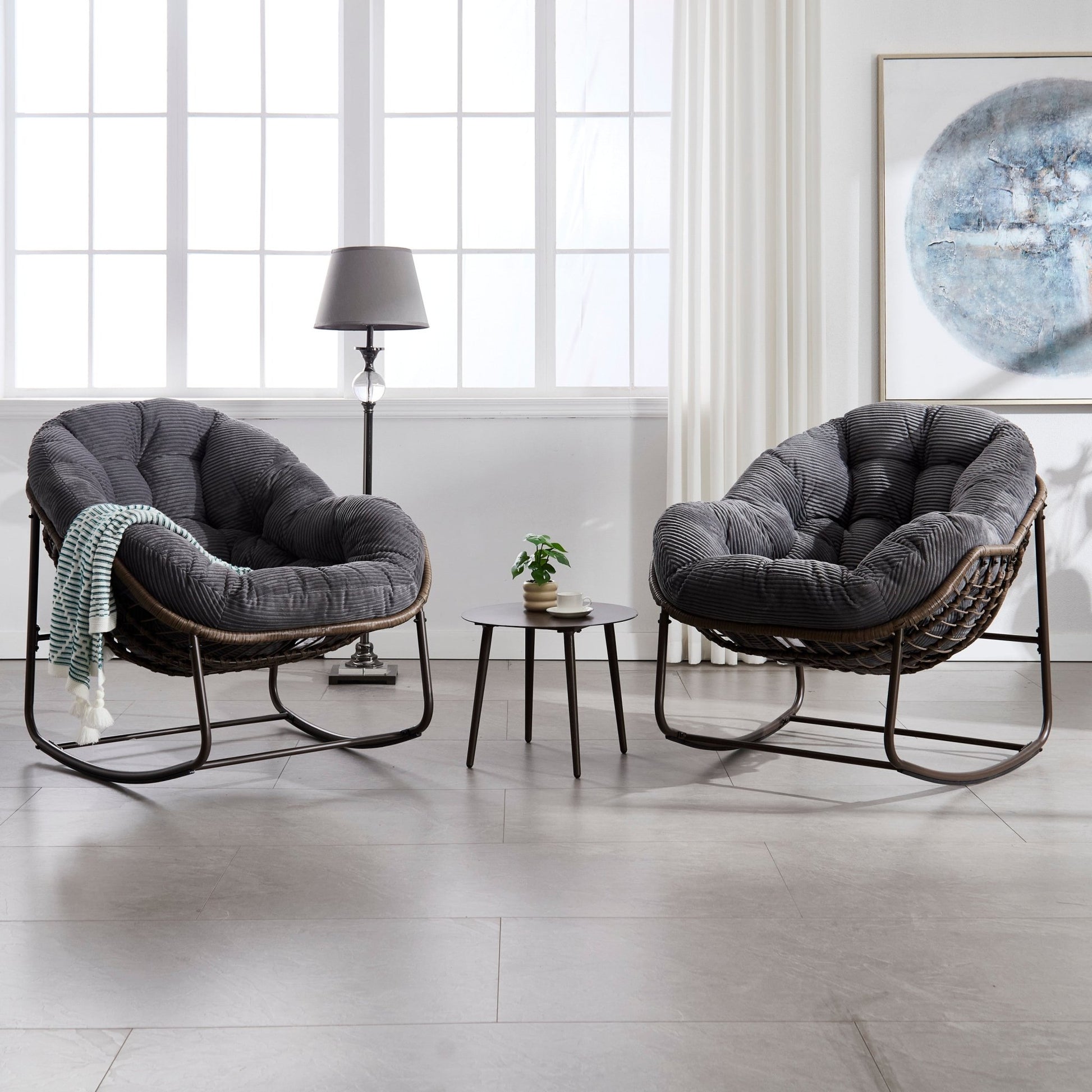 Outdoor Rattan Rocking Chair,Padded Cushion Rocker Recliner Chair Outdoor for Front Porch, Living Room, Patio, Garden, Grey - 1st Choice Furniture Direct