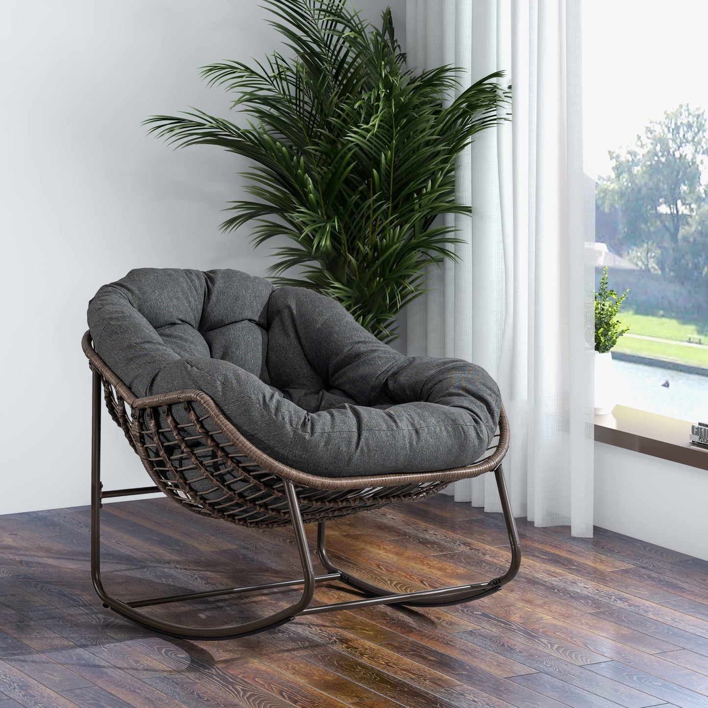 Outdoor Rattan Rocking Chair,Padded Cushion Rocker Recliner Chair Outdoor for Front Porch, Living Room, Patio, Garden, Grey - 1st Choice Furniture Direct