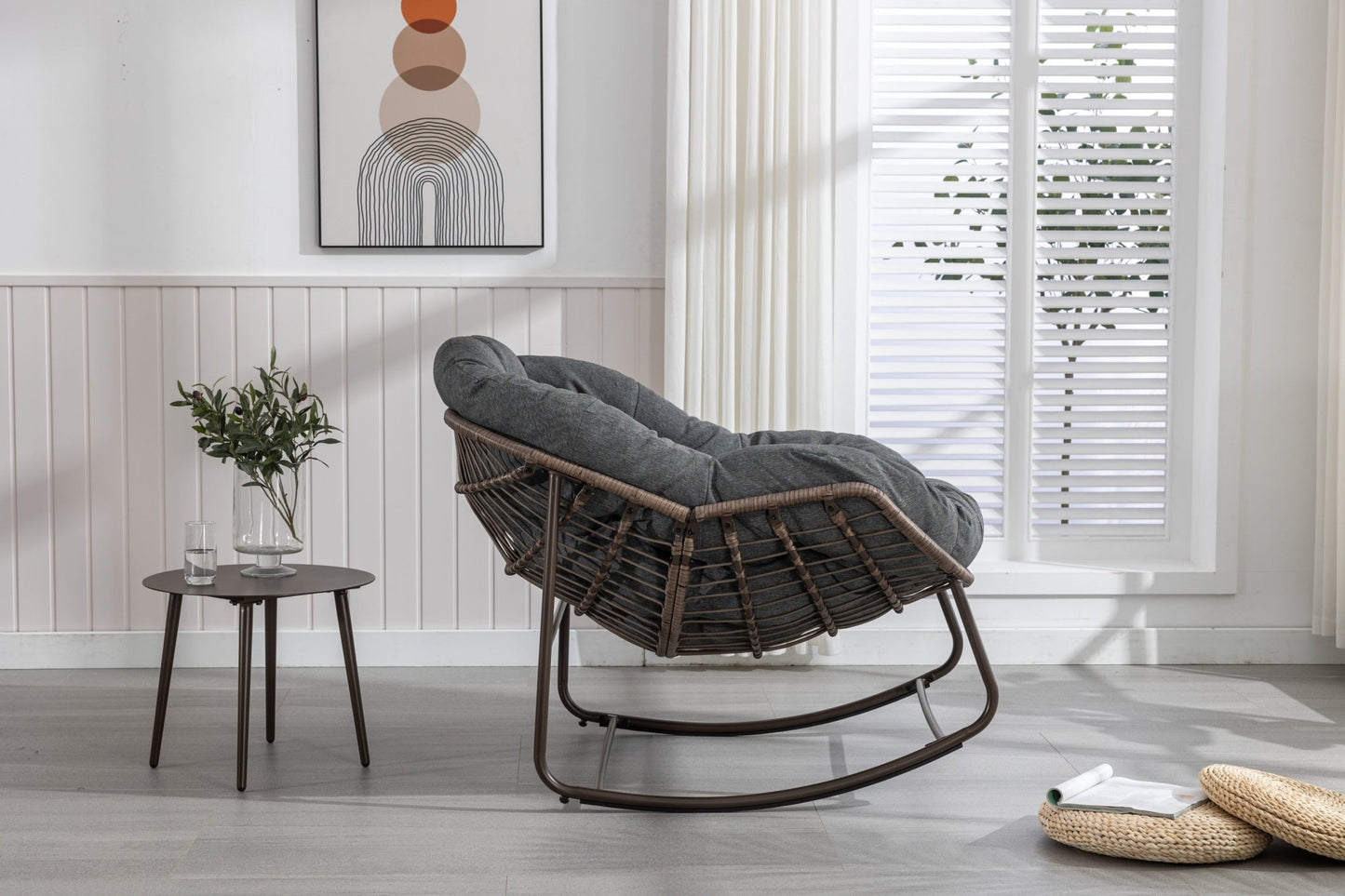 Outdoor Rattan Rocking Chair,Padded Cushion Rocker Recliner Chair Outdoor for Front Porch, Living Room, Patio, Garden, Grey - 1st Choice Furniture Direct