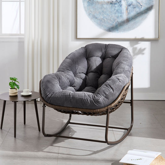 Outdoor Rattan Rocking Chair,Padded Cushion Rocker Recliner Chair Outdoor for Front Porch, Living Room, Patio, Garden, Grey - 1st Choice Furniture Direct