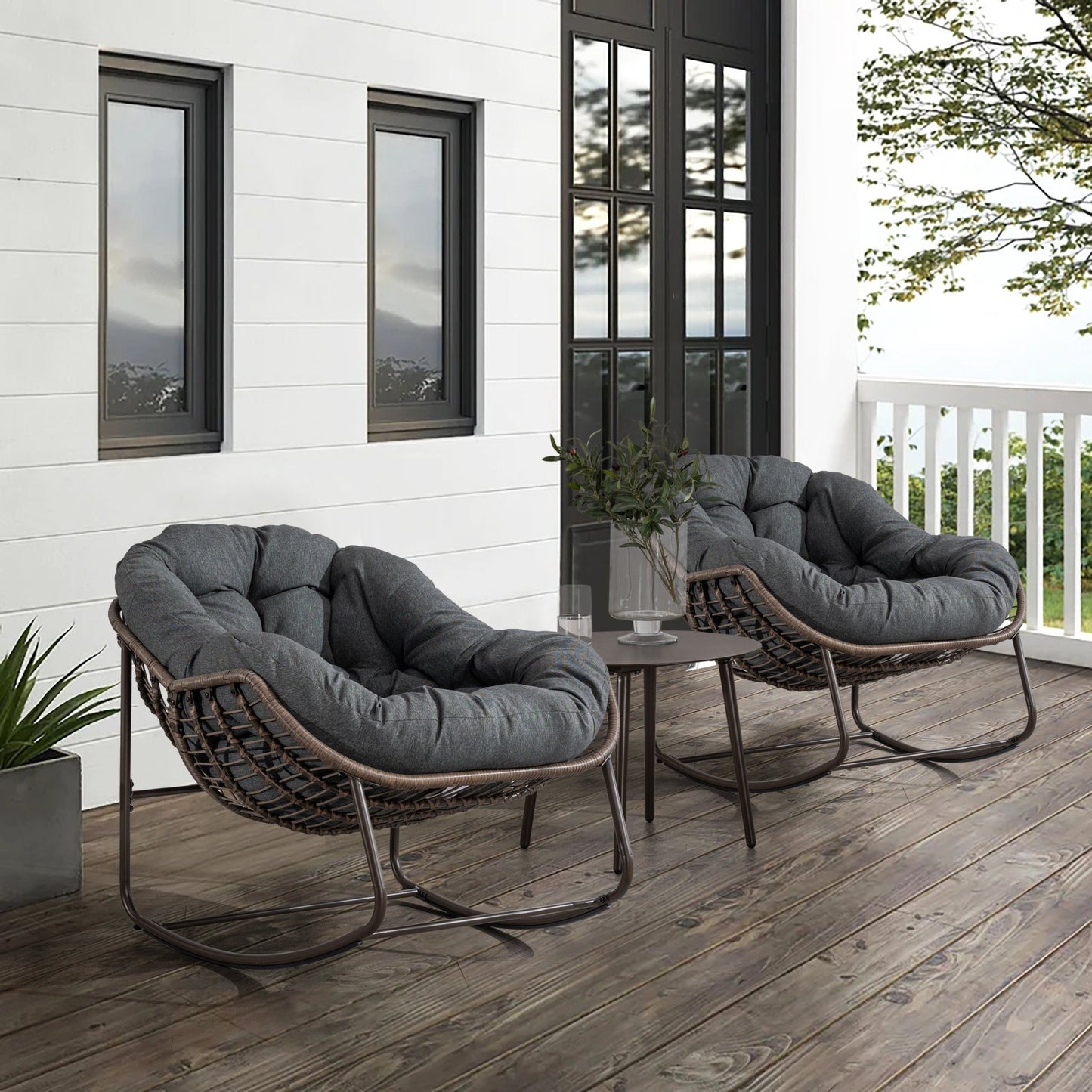 Outdoor Rattan Rocking Chair,Padded Cushion Rocker Recliner Chair Outdoor for Front Porch, Living Room, Patio, Garden, Grey - 1st Choice Furniture Direct