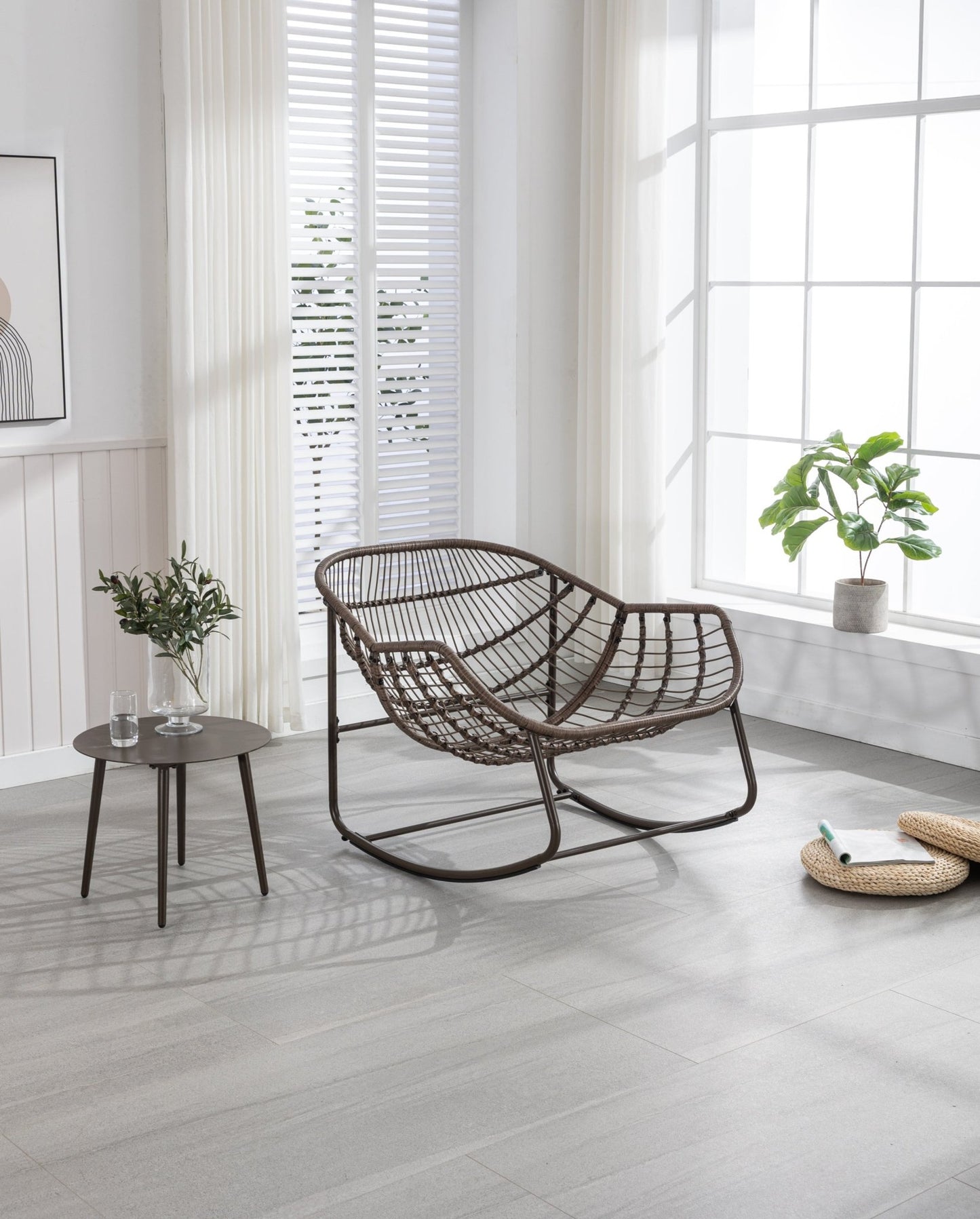 Outdoor Rattan Rocking Chair,Padded Cushion Rocker Recliner Chair Outdoor for Front Porch, Living Room, Patio, Garden, Grey - 1st Choice Furniture Direct