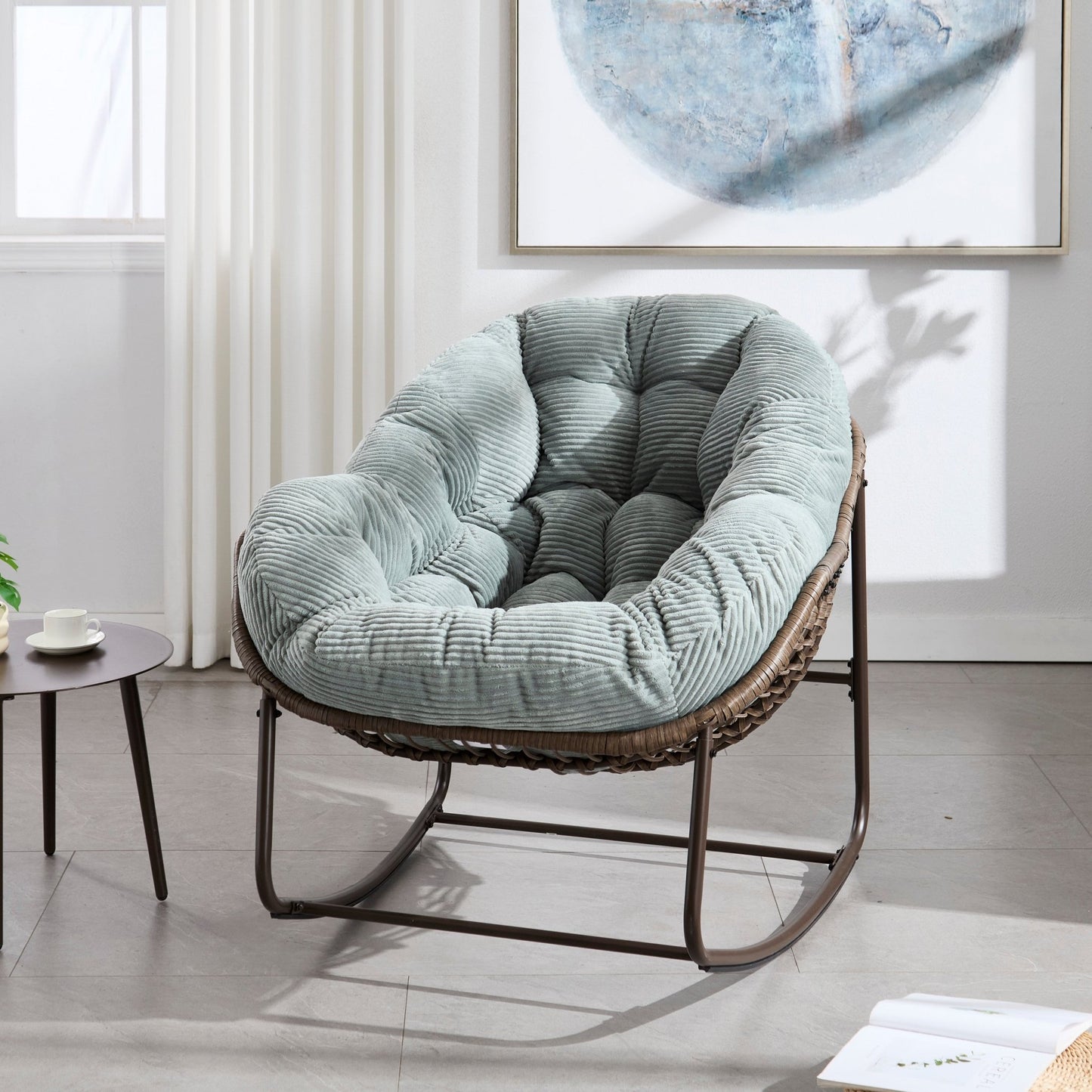 Outdoor Rattan Rocking Chair,Padded Cushion Rocker Recliner Chair Outdoor for Front Porch, Living Room, Patio, Garden, Light Green - 1st Choice Furniture Direct