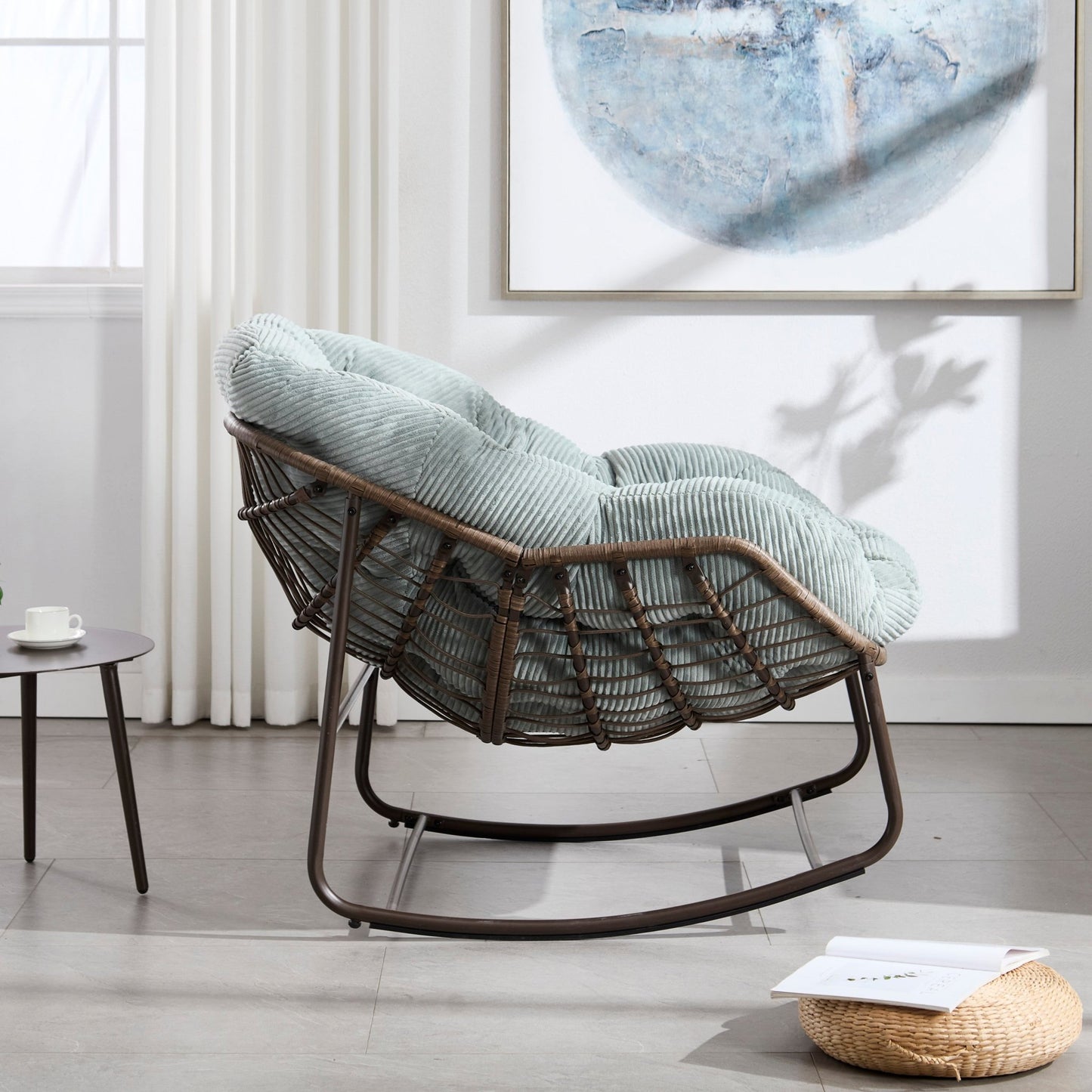 Outdoor Rattan Rocking Chair,Padded Cushion Rocker Recliner Chair Outdoor for Front Porch, Living Room, Patio, Garden, Light Green - 1st Choice Furniture Direct