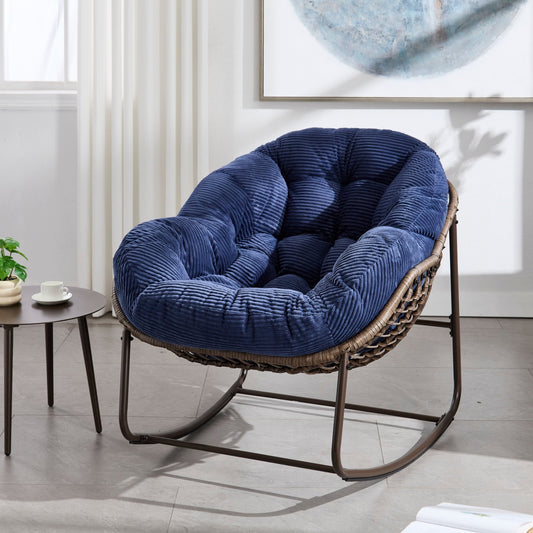 Outdoor Rattan Rocking Chair,Padded Cushion Rocker Recliner Chair Outdoor for Front Porch, Living Room, Patio, Garden, Navy blue - 1st Choice Furniture Direct