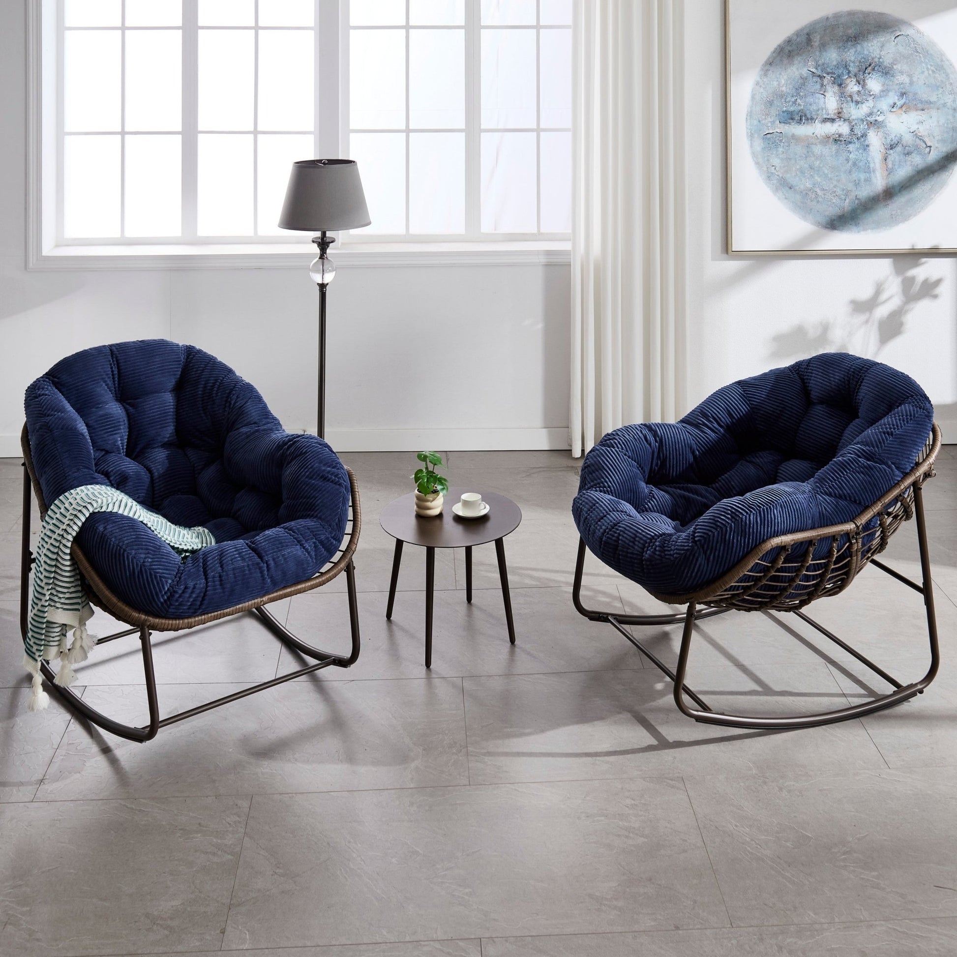Outdoor Rattan Rocking Chair,Padded Cushion Rocker Recliner Chair Outdoor for Front Porch, Living Room, Patio, Garden, Navy blue - 1st Choice Furniture Direct