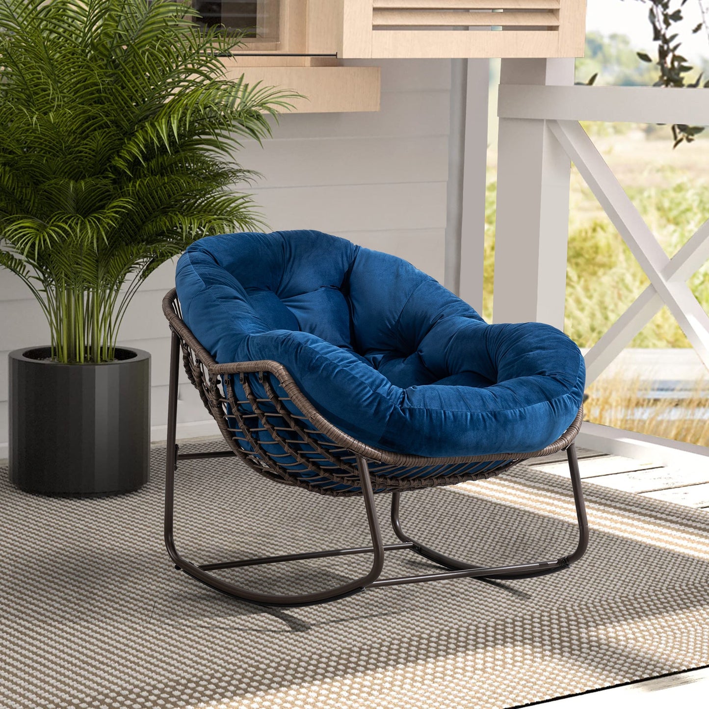 Outdoor Rattan Rocking Chair,Padded Cushion Rocker Recliner Chair Outdoor for Front Porch, Living Room, Patio, Garden, Navy Blue - 1st Choice Furniture Direct