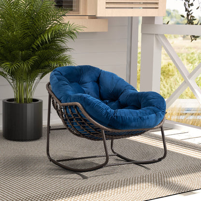 Outdoor Rattan Rocking Chair,Padded Cushion Rocker Recliner Chair Outdoor for Front Porch, Living Room, Patio, Garden, Navy Blue - 1st Choice Furniture Direct