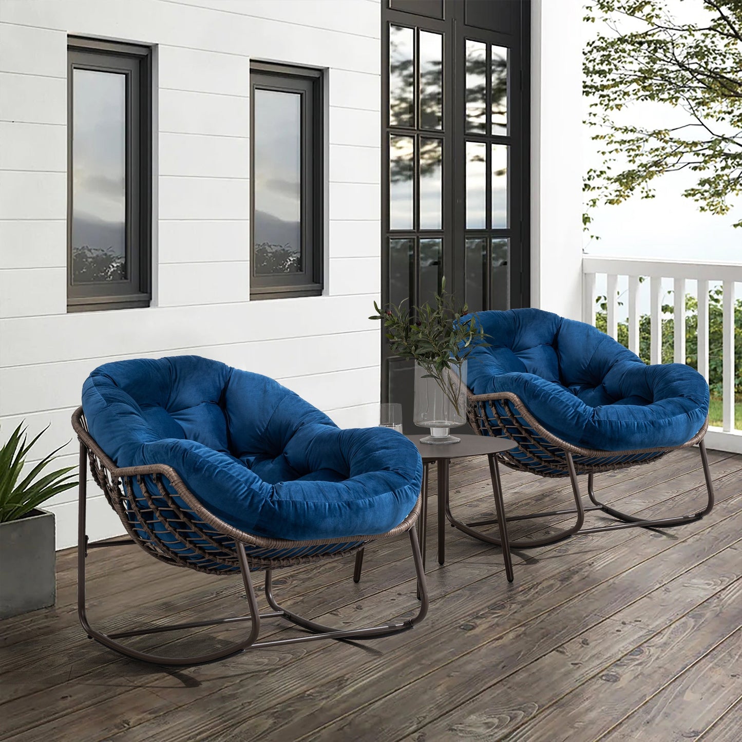 Outdoor Rattan Rocking Chair,Padded Cushion Rocker Recliner Chair Outdoor for Front Porch, Living Room, Patio, Garden, Navy Blue - 1st Choice Furniture Direct