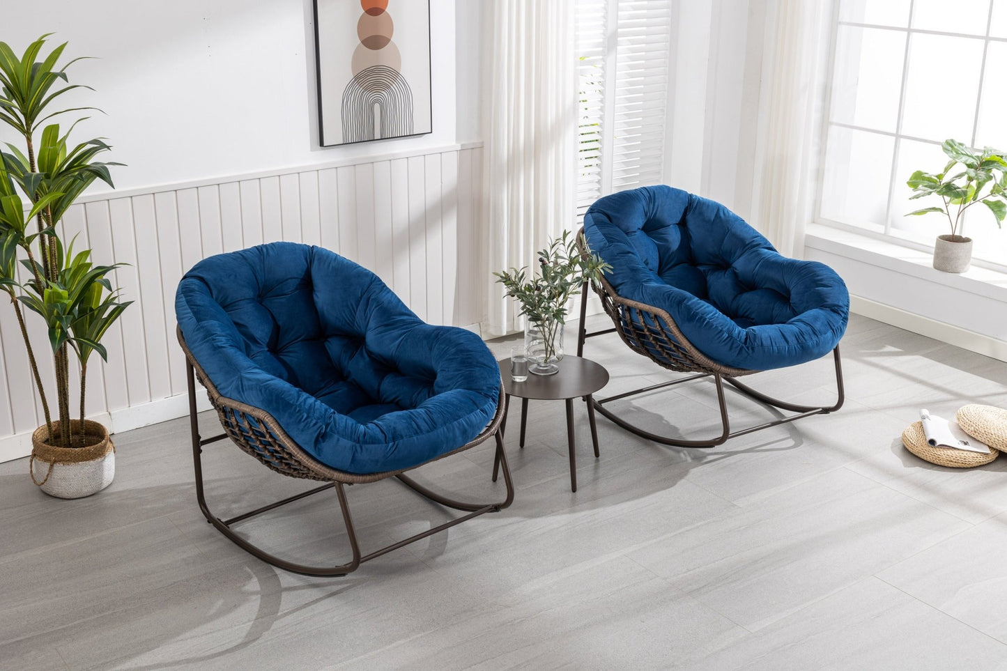 Outdoor Rattan Rocking Chair,Padded Cushion Rocker Recliner Chair Outdoor for Front Porch, Living Room, Patio, Garden, Navy Blue - 1st Choice Furniture Direct