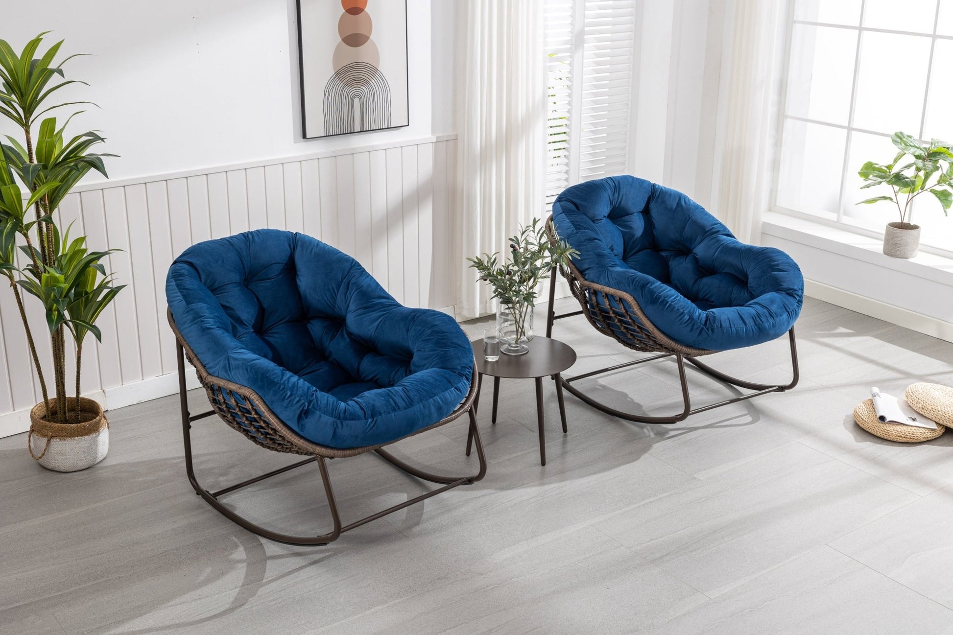 Outdoor Rattan Rocking Chair,Padded Cushion Rocker Recliner Chair Outdoor for Front Porch, Living Room, Patio, Garden, Navy Blue - 1st Choice Furniture Direct