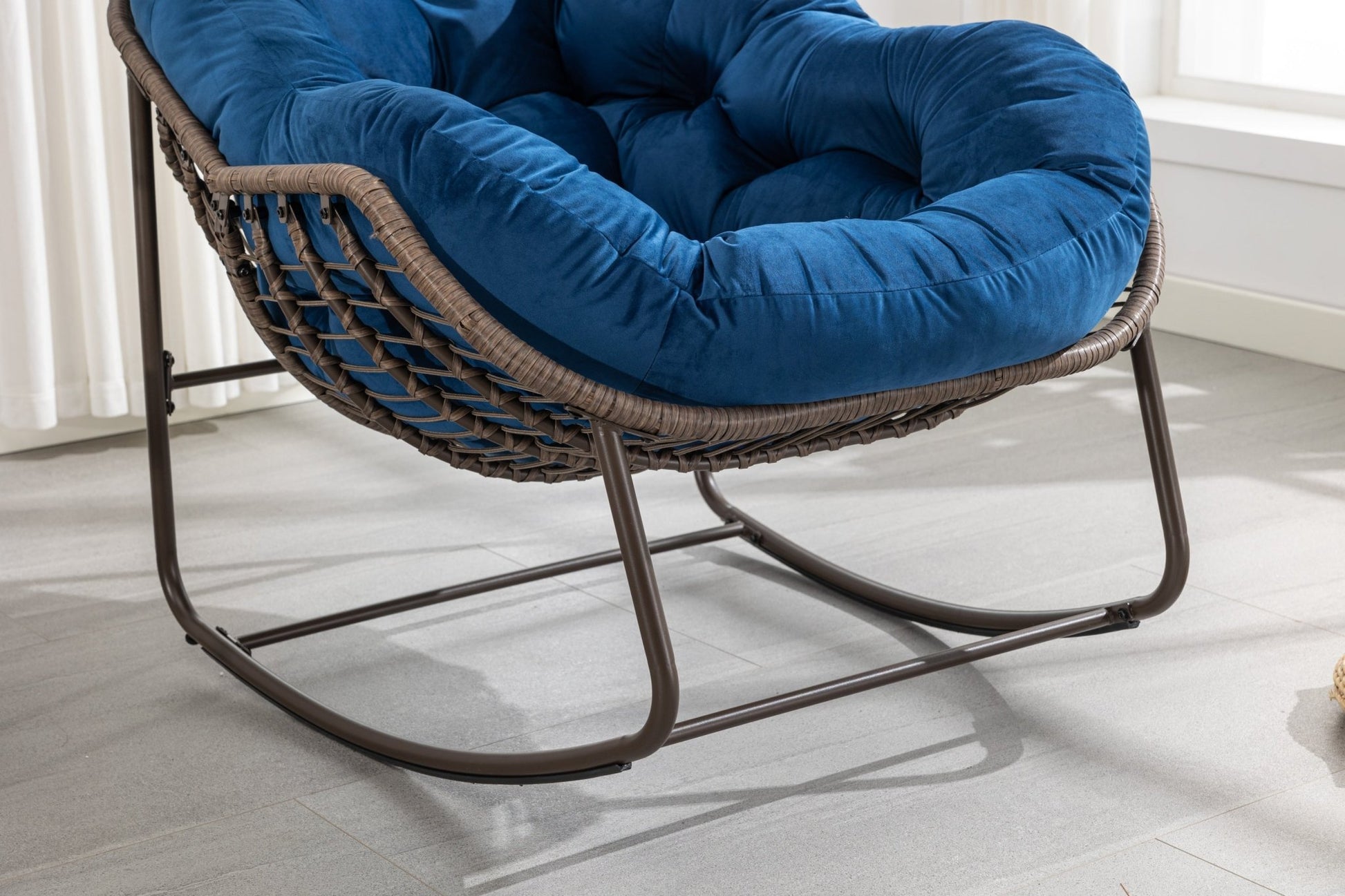 Outdoor Rattan Rocking Chair,Padded Cushion Rocker Recliner Chair Outdoor for Front Porch, Living Room, Patio, Garden, Navy Blue - 1st Choice Furniture Direct