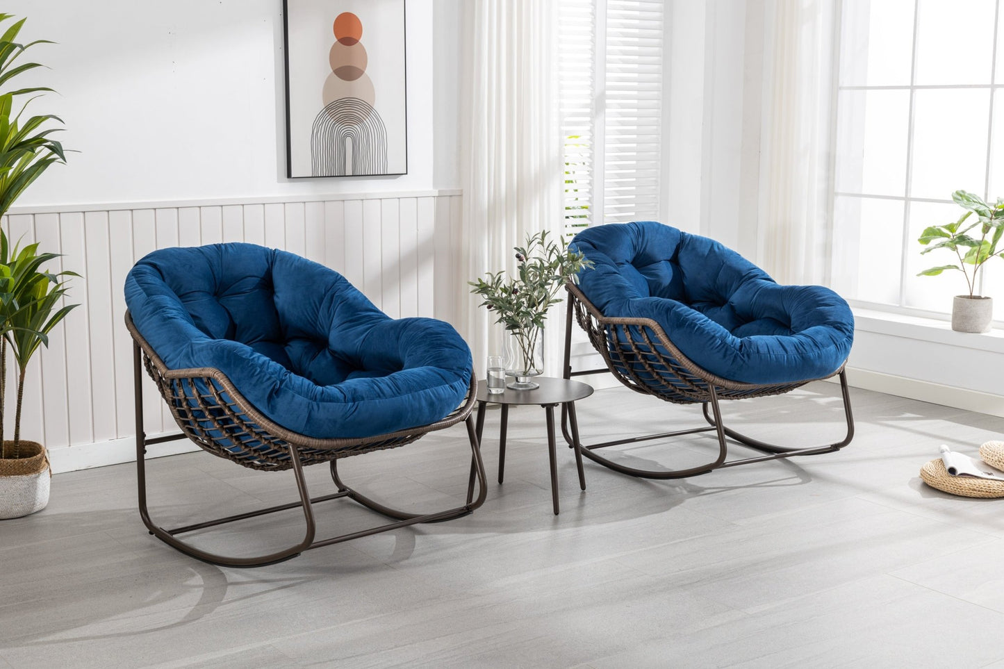 Outdoor Rattan Rocking Chair,Padded Cushion Rocker Recliner Chair Outdoor for Front Porch, Living Room, Patio, Garden, Navy Blue - 1st Choice Furniture Direct
